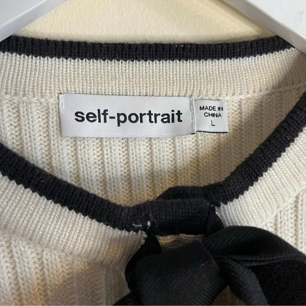 Self Portrait Lurex White Knit Dress with Black Accents crystal buttons - Picture 6 of 10